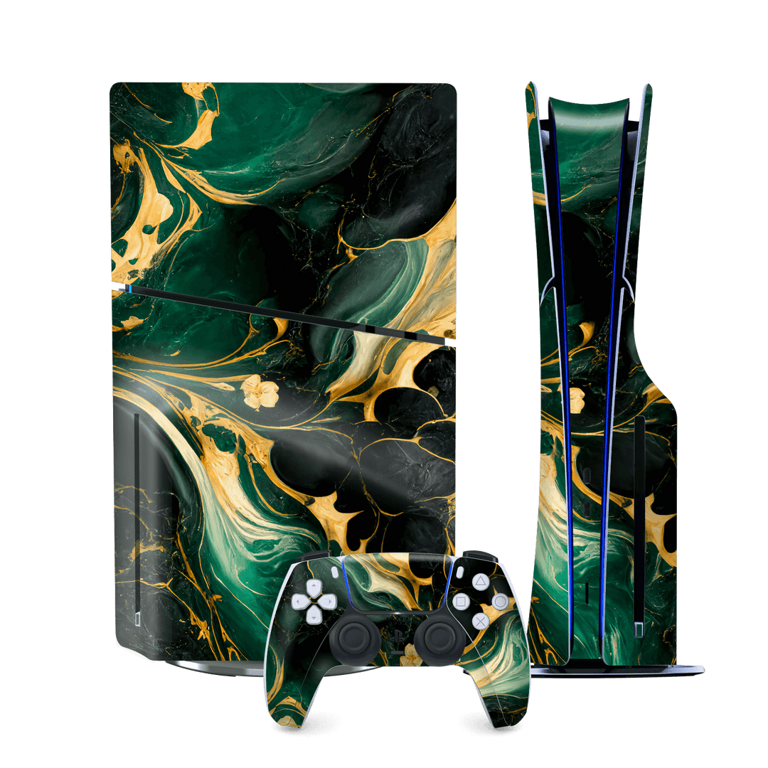 PS5 SLIM DISC EDITION (PlayStation 5 SLIM) Print Printed Custom SIGNATURE Agate Geode Royal Green Gold Skin Wrap Sticker Decal Cover Protector by QSKINZ | qskinz.com