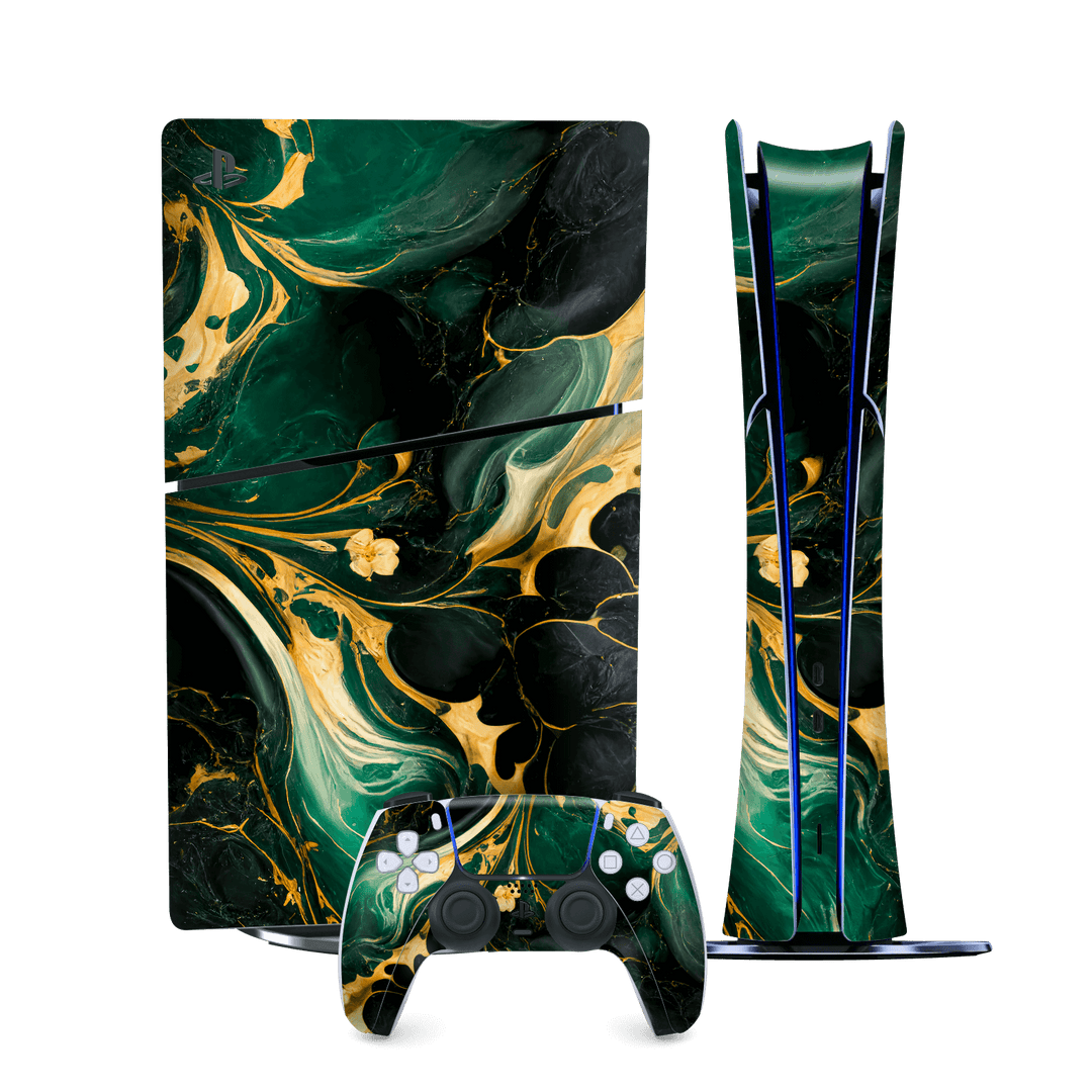 PS5 SLIM DIGITAL EDITION (PlayStation 5 SLIM) Print Printed Custom SIGNATURE Agate Geode Royal Green Gold Skin Wrap Sticker Decal Cover Protector by QSKINZ | qskinz.com