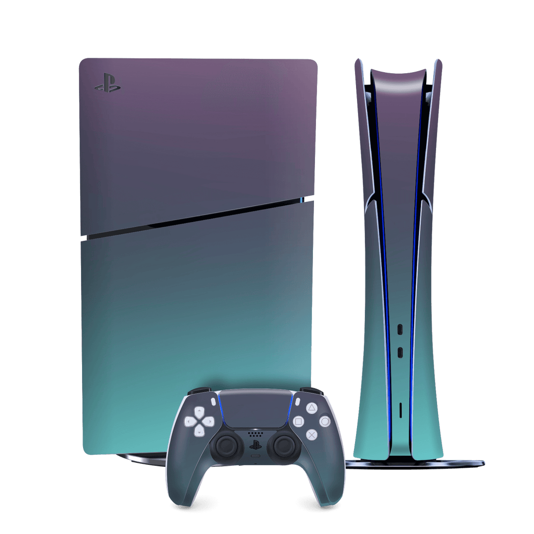 PS5 SLIM DIGITAL EDITION (PlayStation 5 SLIM) Chameleon Turquoise-Lavender Lilac Colour-changing Metallic Skin Wrap Sticker Decal Cover Protector by QSKINZ | qskinz.com