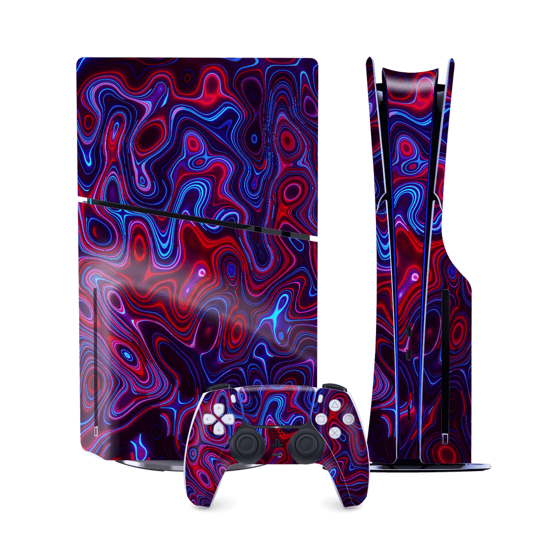 PS5 SLIM DISC EDITION (PlayStation 5 SLIM) Print Printed Custom SIGNATURE Flux Fusion Purple Neon Skin Wrap Sticker Decal Cover Protector by QSKINZ | QSKINZ.COM