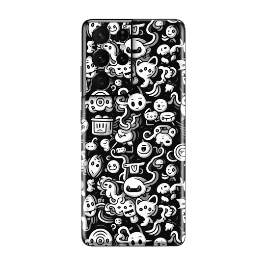 Samsung Galaxy S21 ULTRA Print Printed Custom SIGNATURE Pictogram Party Monochrome Black and White Icons Faces Skin Wrap Sticker Decal Cover Protector by QSKINZ | QSKINZ.COM