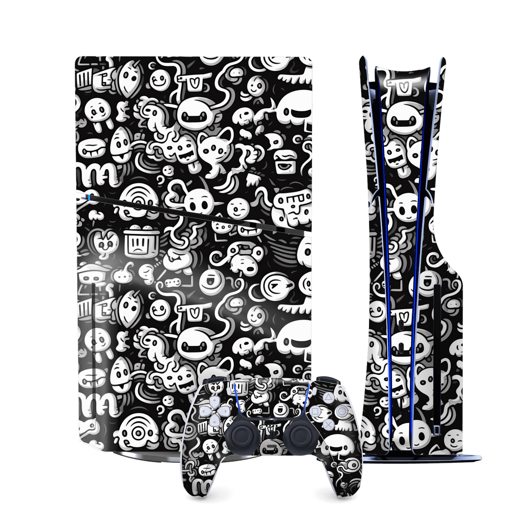 PS5 SLIM DISC EDITION (PlayStation 5 SLIM) Print Printed Custom SIGNATURE Pictogram Party Monochrome Black and White Icons Faces Skin Wrap Sticker Decal Cover Protector by QSKINZ | QSKINZ.COM