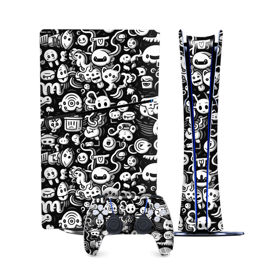 PS5 SLIM DIGITAL EDITION (PlayStation 5 SLIM) Print Printed Custom SIGNATURE Pictogram Party Monochrome Black and White Icons Faces Skin Wrap Sticker Decal Cover Protector by QSKINZ | QSKINZ.COM