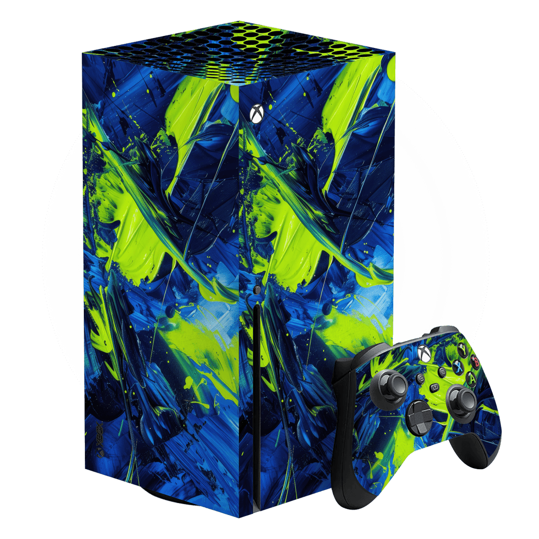 XBOX Series X Print Printed Custom SIGNATURE Glowquatic Neon Yellow Green Blue Skin Wrap Sticker Decal Cover Protector by QSKINZ | QSKINZ.COM