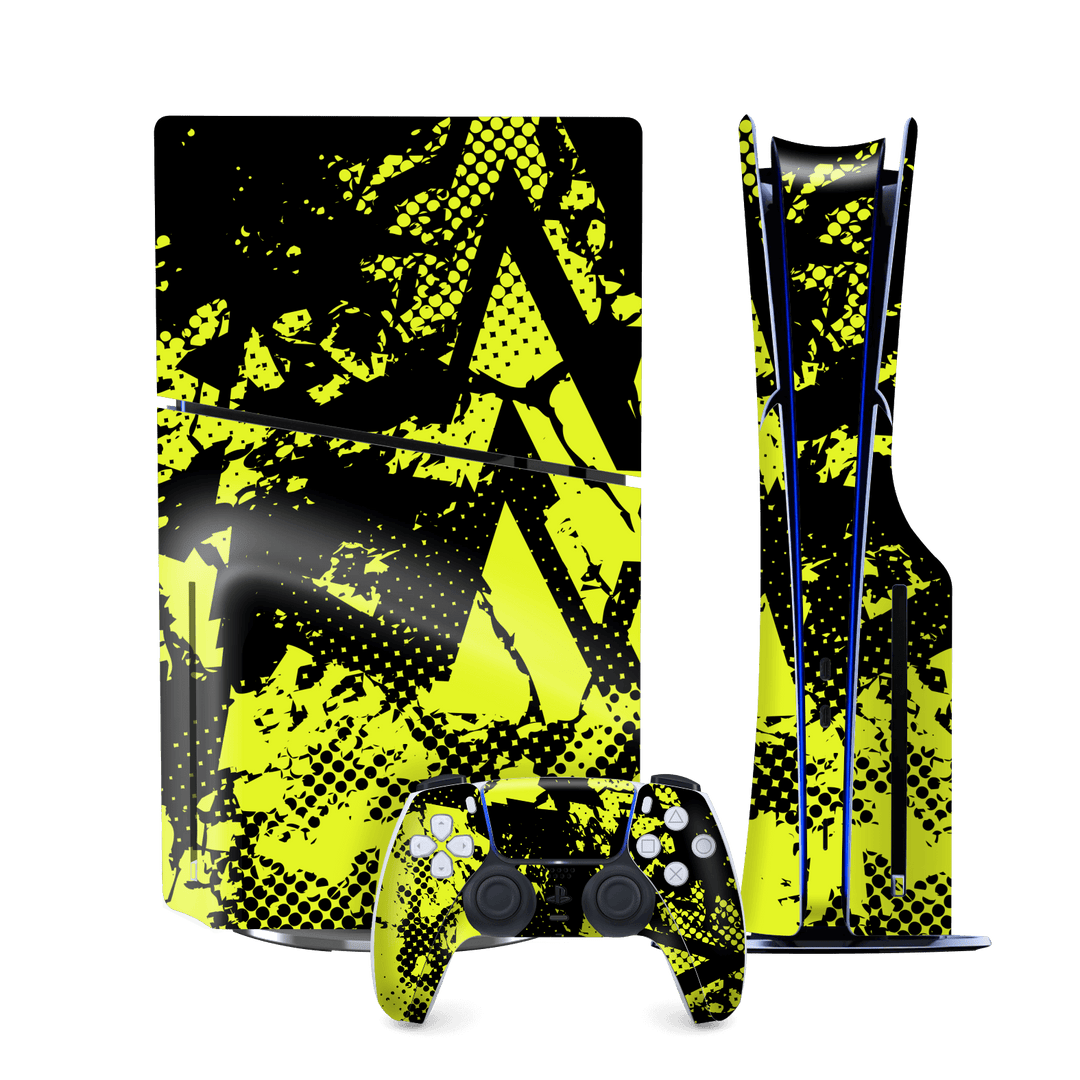 PS5 SLIM DISC EDITION (PlayStation 5 SLIM) Print Printed Custom SIGNATURE Grunge Yellow Green Trace Skin Wrap Sticker Decal Cover Protector by QSKINZ | QSKINZ.COM