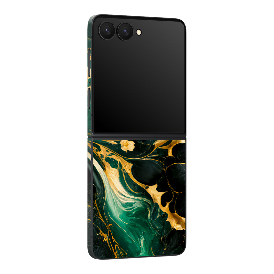 Galaxy Z Flip 7 Print Printed Custom SIGNATURE Agate Geode Royal Green Gold Skin Wrap Sticker Decal Cover Protector by QSKINZ | qskinz.com