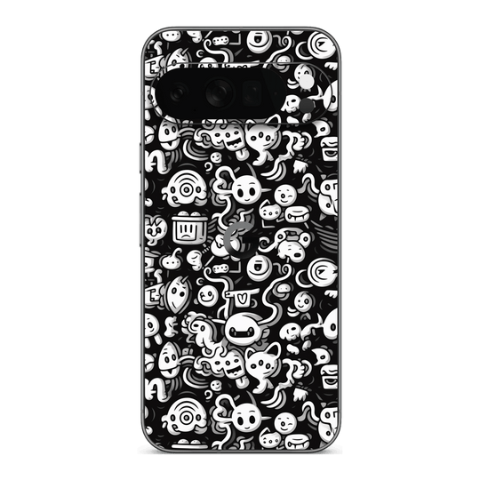 Google Pixel 10 PRO Print Printed Custom SIGNATURE Pictogram Party Monochrome Black and White Icons Faces Skin Wrap Sticker Decal Cover Protector by QSKINZ | QSKINZ.COM