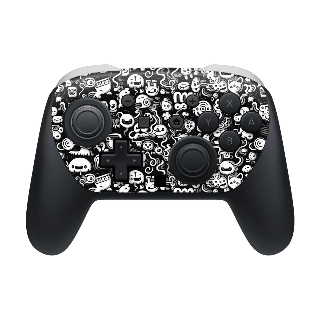 Nintendo Switch 2 PRO CONTROLLER Print Printed Custom SIGNATURE Pictogram Party Monochrome Black and White Icons Faces Skin Wrap Sticker Decal Cover Protector by QSKINZ | QSKINZ.COM

