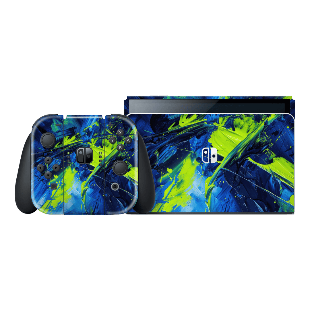 Nintendo Switch OLED Print Printed Custom SIGNATURE Glowquatic Neon Yellow Green Blue Skin Wrap Sticker Decal Cover Protector by QSKINZ | QSKINZ.COM