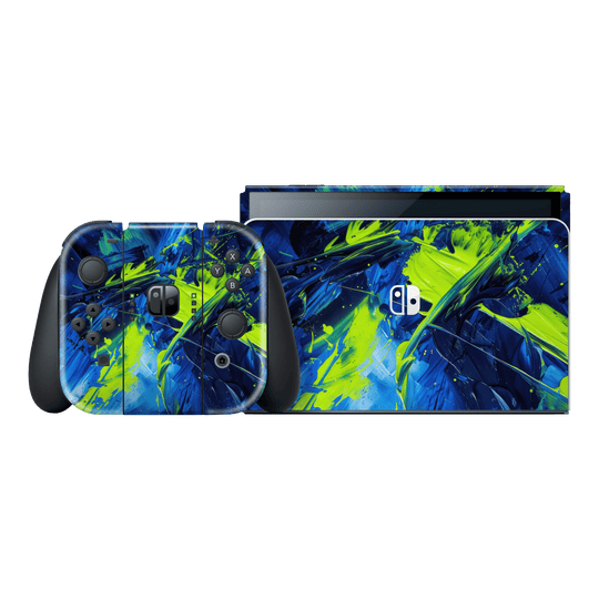 Nintendo Switch OLED Print Printed Custom SIGNATURE Glowquatic Neon Yellow Green Blue Skin Wrap Sticker Decal Cover Protector by QSKINZ | QSKINZ.COM