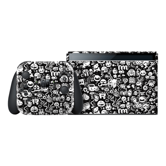 Nintendo Switch OLED Print Printed Custom SIGNATURE Pictogram Party Monochrome Black and White Icons Faces Skin Wrap Sticker Decal Cover Protector by QSKINZ | QSKINZ.COM