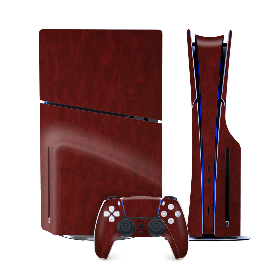 PS5 Slim (DISC Edition) Scarlet Red Wood Wooden Satin Skin Wrap Sticker Decal Cover Protector by QSKINZ | qskinz.com