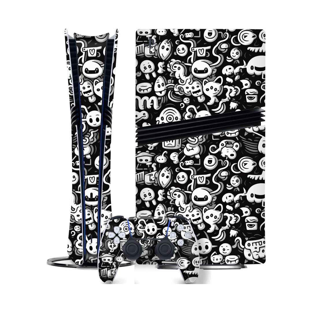 PlayStation 5 PRO (PS5 PRO) Print Printed Custom SIGNATURE Pictogram Party Monochrome Black and White Icons Faces Skin Wrap Sticker Decal Cover Protector by QSKINZ | QSKINZ.COM