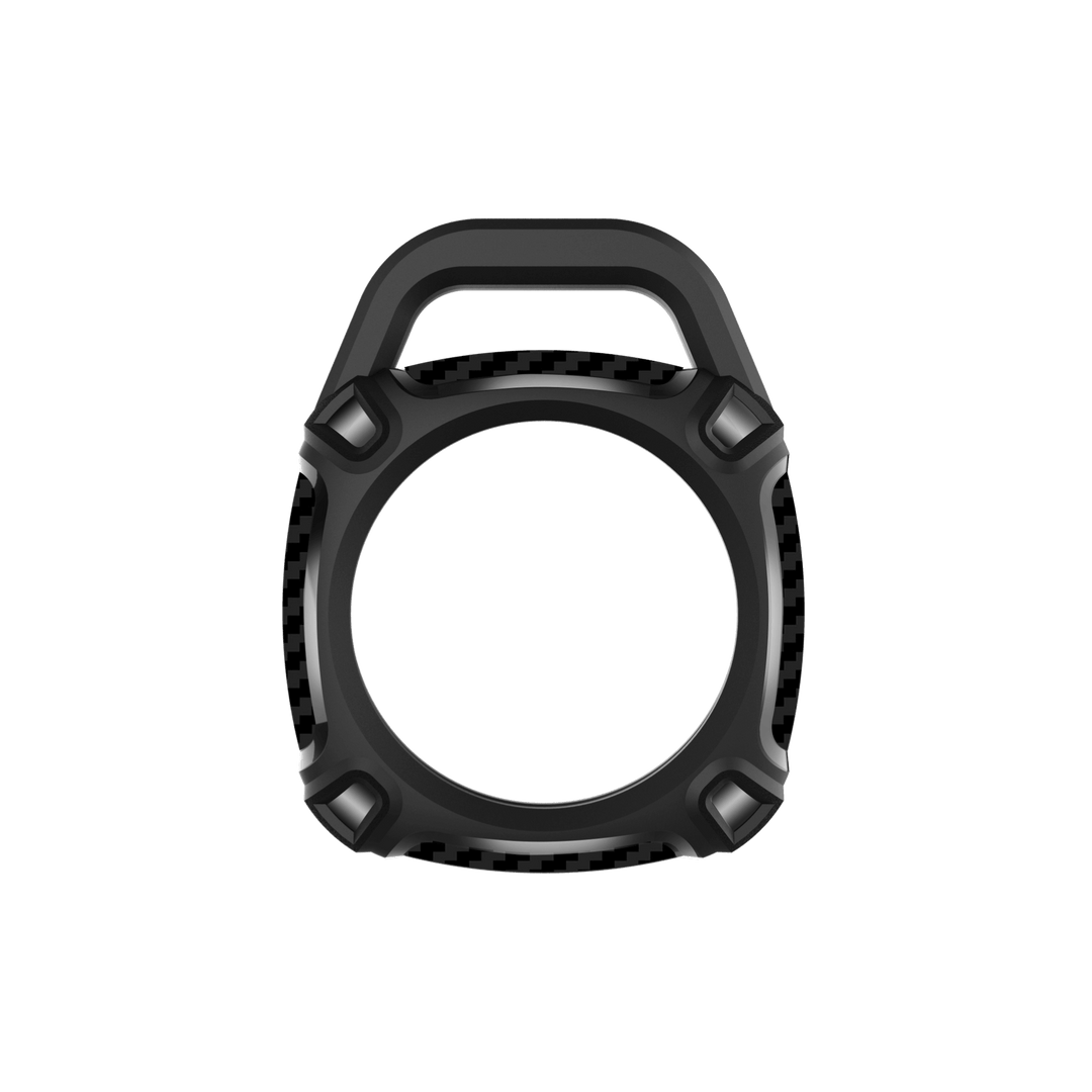 Qskinz AirTag case in black shown from the front with a strong protective design.