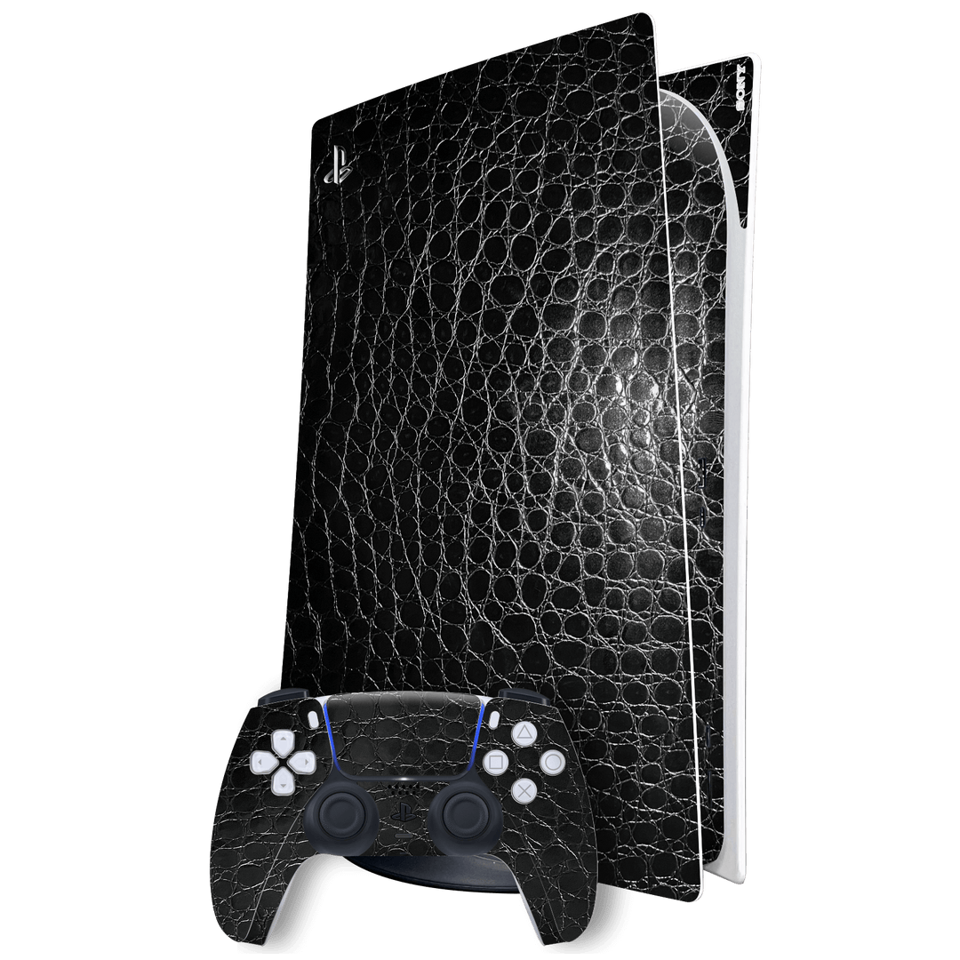 Playstation 5 (PS5) DIGITAL EDITION Luxuria Black Leather Alligator 3D Textured Skin Wrap Sticker Decal Cover Protector by EasySkinz | EasySkinz.com