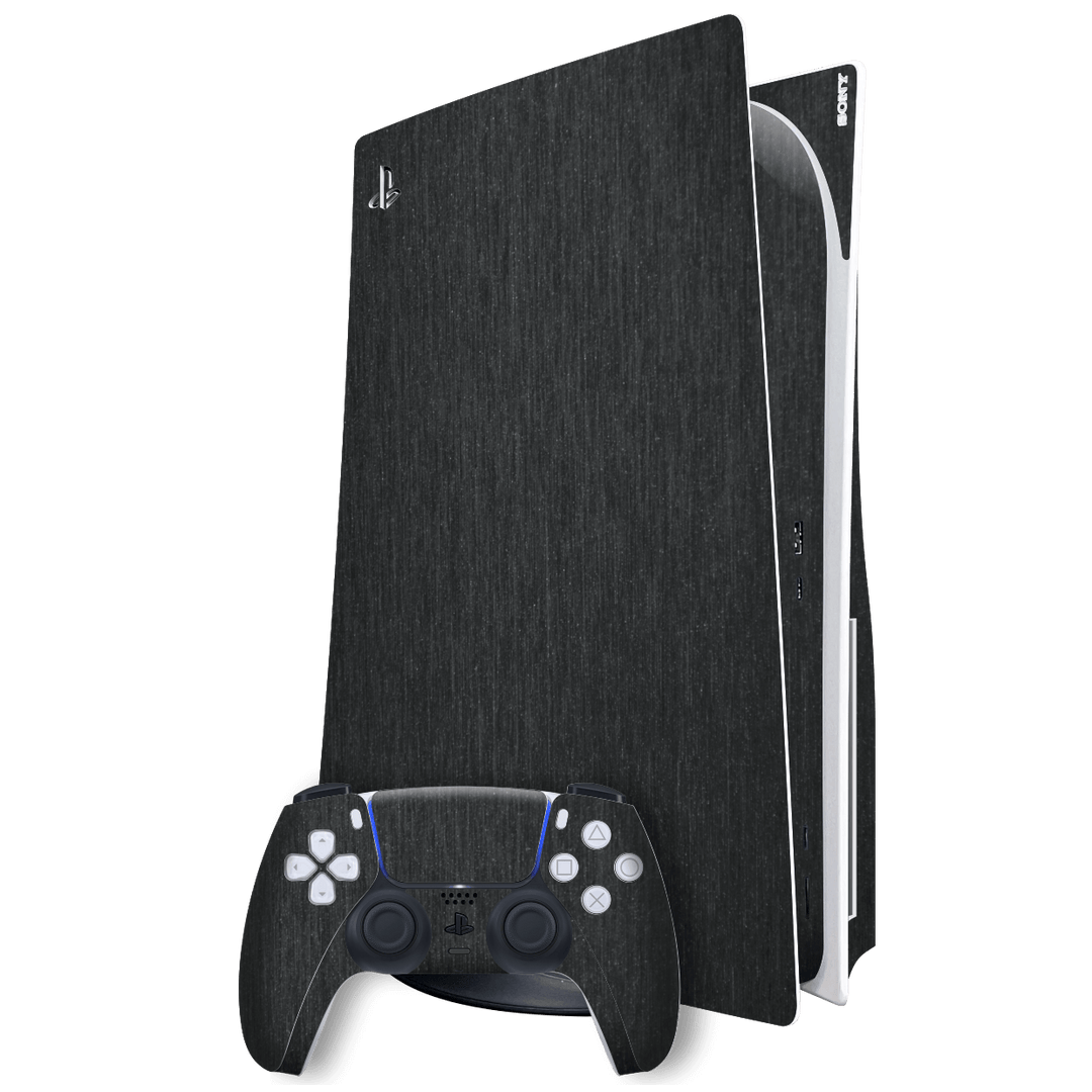 Playstation 5 (PS5) DISC Edition Brushed Metal Black Metallic Skin Wrap Sticker Decal Cover Protector by EasySkinz | EasySkinz.com